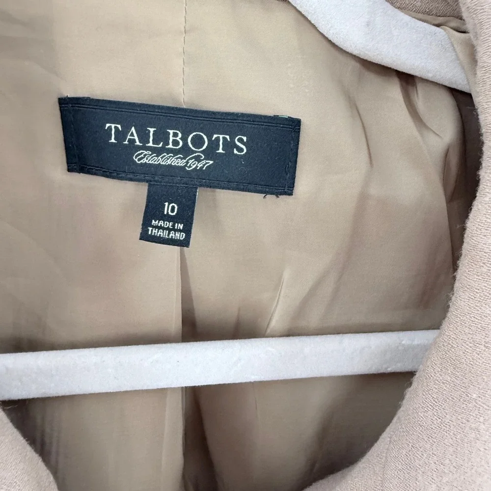 Talbots Womens Tan 99% Wool Blend Ruffle Collar 4-Pocket Button Front Blazer‎ 10